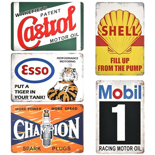bssmmai Ensemble de 5 plaques en métal pour garage, style rétro, pour moto, garage, essence, pour mur, huile de moteur, métal, style vintage, pour atelier,...