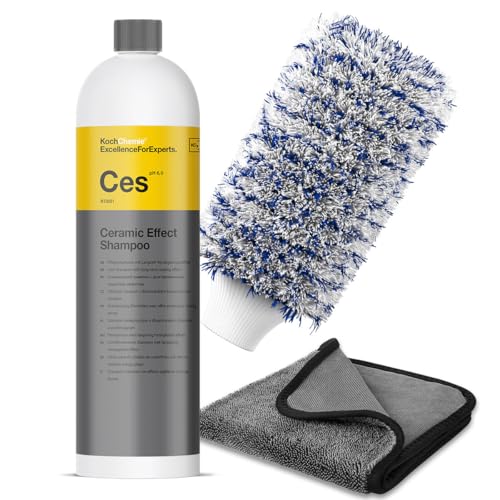 Koch Chemie Ceramic Effect Shampoo Ces 1L Set con efecto de sellado, guante de lavado, paño seco, champú para coche, efecto protector de cerámica, sellador de coche