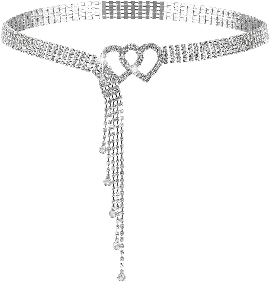 Rhinestone Chain Belt Sliver Sparkly Crystal Belt for Dresses Shiny Rhinestone Waist Belt with Heart Buckle Women's Stylish Waist Chain Belt for Wedding Party Decor, 47-1/8 inch(119.6cm)