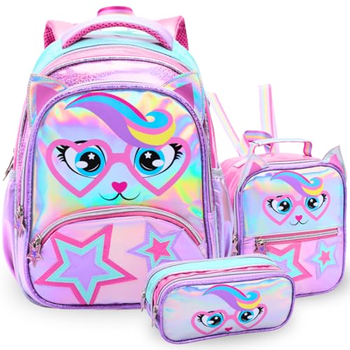 Kit Mochila Bolsa Mala Escolar Infantil Feminina Lancheira Térmica Estojo Duplo Colorida Gatinho Menina