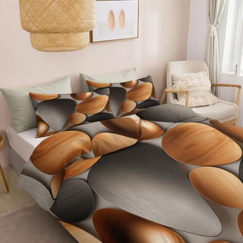Housse de Couette 90 x 190 cm, Parure de lit Gris-Brun 2 pièces Enfant Réversible Housse de Couette Galets Géométriques Modernes avec Taie d’Oreiller...
