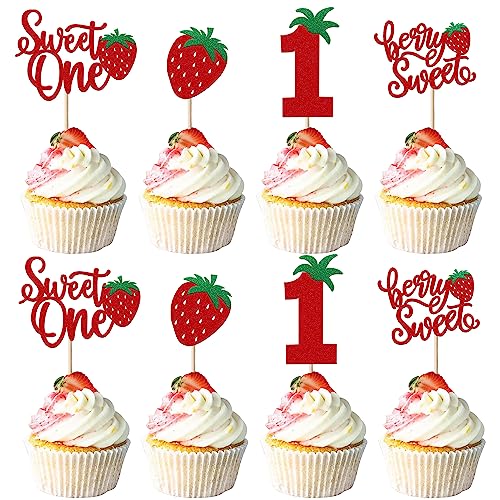 24 Pack Sweet One Cupcake Toppers Glitter First Birthday Strawberry Cupcake Picks for Fruit Baby Shower 1st Birthday Berry Sweet Cupcake Decorations Party Supplies Red