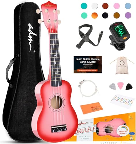 Image of ADM Ukulele for Beginners Hawaiian Wood Ukelele Kit for Kids Adult Student Starter Professional Ukalelee Pack Bundle with Free Lessons Gig Bag Strap Nylon String Tuner (Pinkburst, 21 Inch)