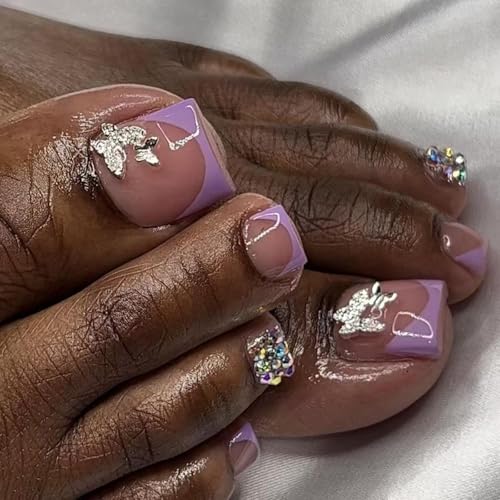GlamRays - GlamRays 24 Pièces Faux Ongles d'Orteil Violets 3D Papillon avec Strass Design Ongles Brillants Autocollants Courte Carrée Française Faux Ongles d'Orteil