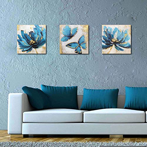 Paimuni Blue Tea Flower And Butterfly Prints 3 Panel With Embellishment Oil Painting Textured Gold Blue Floral Canvas Wall Art Ready To Hang 12X12 Inches #TOP3