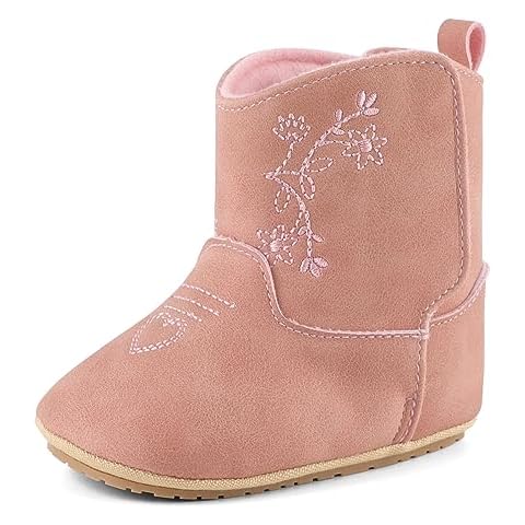 ESTAMICO Baby Girls Boots Embroidery Western Cowgirl Booties Non Slip Warm First Walking Shoes, Pink 0-6 Months Cover
