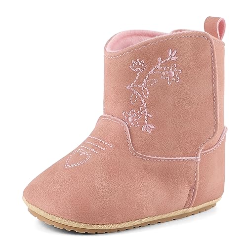ESTAMICO Baby Girls Boots Embroidery Western Cowgirl Booties Non Slip Warm First Walking Shoes, Pink 12-18 Months