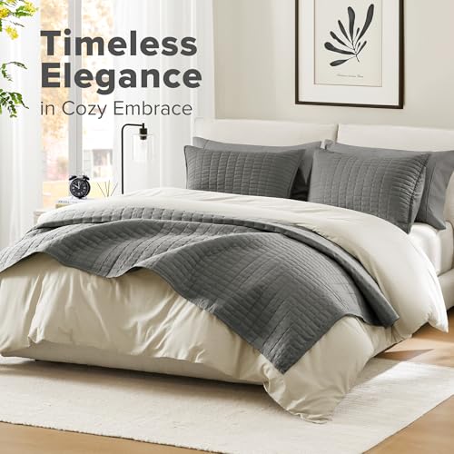 Comfort Spaces Kienna Quilt Set- Double Sided Stitching Design Summer Blanket, Lightweight, Soft, All Season Bedding Layer, Matching Sham, Charcoal, Coverlet Full/Queen(90"x90") 3 Piece