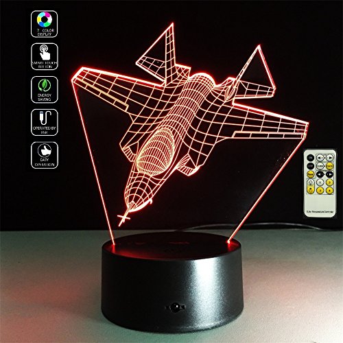 Deerbird® Avion de chasse Avion Illusion optique 3D LED télécommande Lampe de bureau avec 7 Couleurs Changement de lumière pour Enfants Cadeau du festival (Modes USB et 3 AA alimentés par batterie)