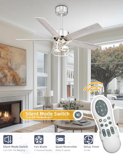 Image of YOUKAIN 42 Inch Ceiling Fans, Farmhouse Ceiling Fans with Lights and Remote, 5-Reversible Blades with Gray Oak /Brushed Nickel Finish, 42-YJ632-BNW