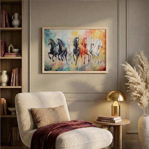 Image of Suneree 7 Horse Vastu Wall Painting - Abstract Colorful Running Horses Framed Wall Art for Living Room & Office Decor (Natural, Design 12, 10x13 Inch)