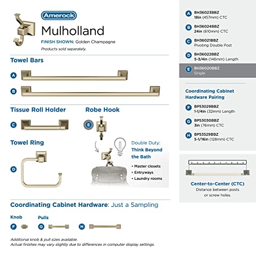 Image of Amerock Mulholland Double Prong Golden Champagne Wall-Mounted Hook | Decorative wall hook in durable zinc construction for coats, hats, bags, towels, and everyday organization