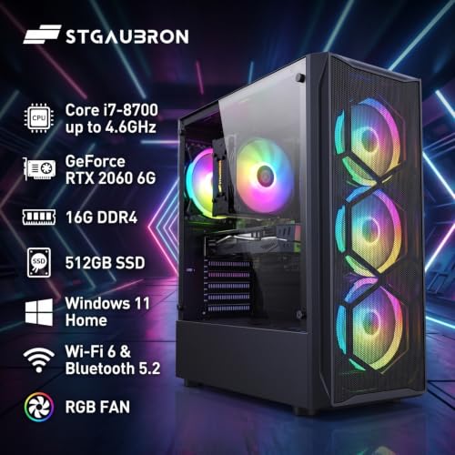 Image of STGAubron Gaming PC Desktop,Core I7-8700,RTX 2060 6G,16GB DDR4,512G SSD | Gaming Computer Tower for Streaming,Video Editing,Home,School,I7 up to 4.6GHz,ARGB Fan,WiFi 6,BT 5.2,4K DP,HDMI,Win11 Home