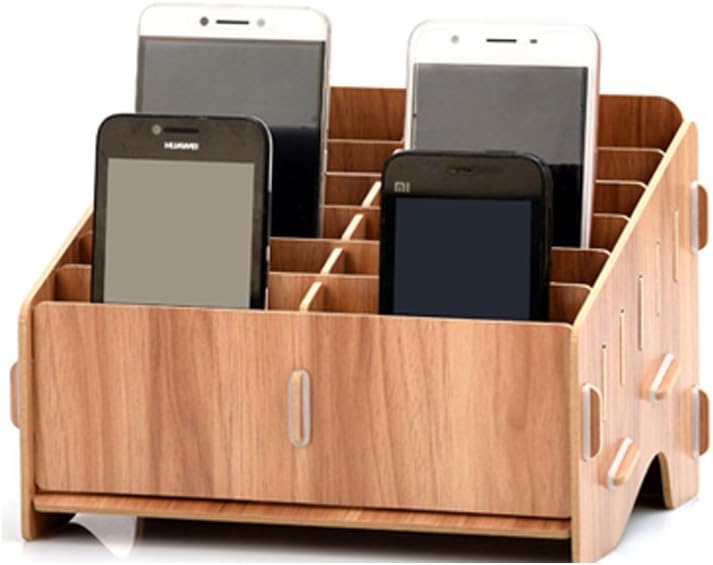 Wooden Mobile Phone Management Storage Box Creative Desktop Office Meeting Organizer Classroom Business Card Multi Cell Phone Holder （Maple, Cherry Wood, Black KT Cat）