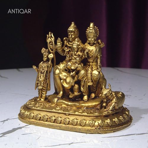 Image of Brass Shiv Parivar Idol 5cm | Antique Golden Finish Lord Shiva Parvati Ganesh Kartikeya Statue | Handcrafted Brass Murti for Pooja Temple Home Office Decor Spiritual Navratri Diwali Gift Showpiece