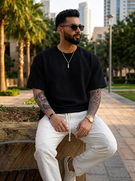 Image of GRECIILOOKS Oversized T Shirt for Men |Summer T-Shirt for Man | Men's Textured Knit Tshirts Summer Casual Round Neck Tee - Lightweight Short Sleeve Streetwear Fashion Trendy Everyday Wear