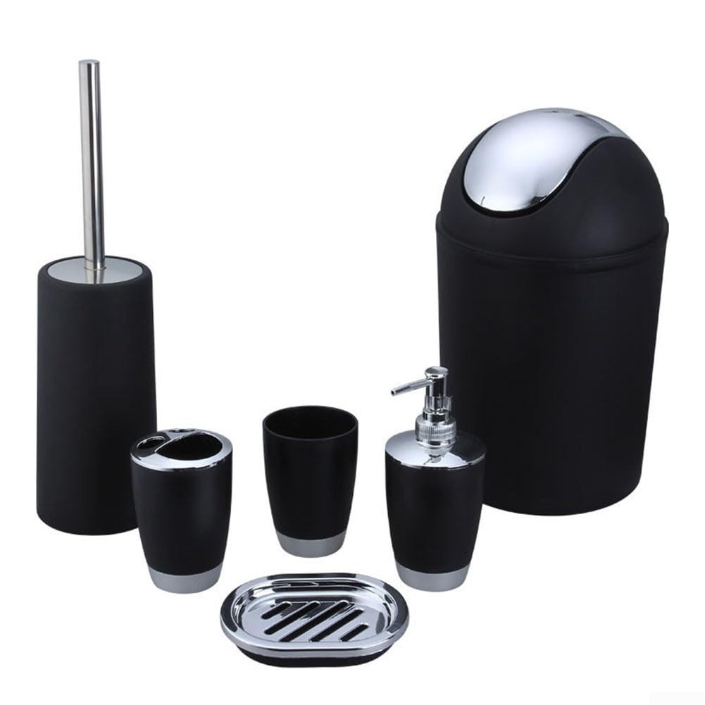 Juego de baño, accesorios de plástico elegantes de 6 piezas para artículos de tocador y cepillo de dientes (negro)