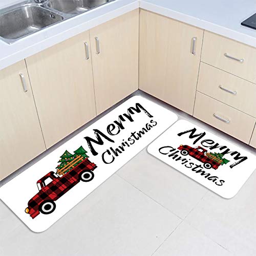 Christmas Kitchen Rug Set 2 Pieces White Cushioned Kitchen Floor Mats Comfort Soft Standing Doormat, Non Slip Kitchen Rugs And Runner Merry Christmas Tree Red And Black Check Lattice Truck #TOP3