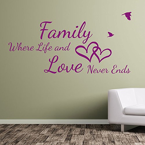 Vinyl Concept Familia Donde la Vida Nunca Termina Cita salón Arte de Pared Adhesivo Decor A373, Vinilo, Morado, Medium-Set
