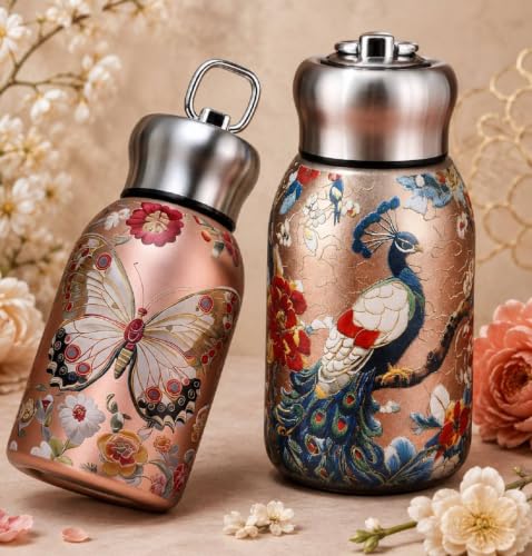 Image of CETLO Butterfly Mini Water Bottle 300ml Small Portable Stainless Steel Vacuum Insulated Tumbler Cup for Boys, Girls, School, Office Double Wall Leakproof Hot & Cold Thermal Flask