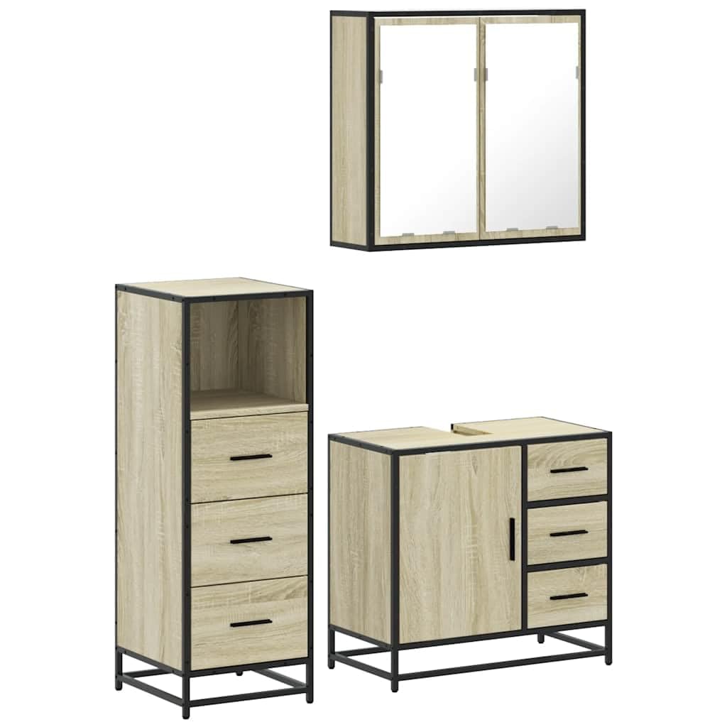 3-TLG. Zestaw mebli łazienkowych SONOMA Oak materiały na bazie drewna, szafka pod umywalkę z metalową ramą, szafka z lustrem, szafka łazienkowa, nowoczesny design do przechowywania