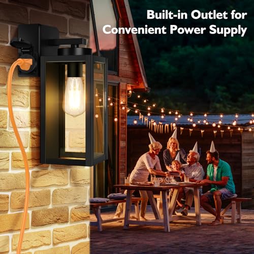 Image of BesLowe Porch Lights with Outlet, Modern Outdoor Wall Light Fixtures, Black | UL-Listed Extra Power Socket, Waterproof, Rust-Resistant, Durable Metal with Clear Glass, Easy to Install