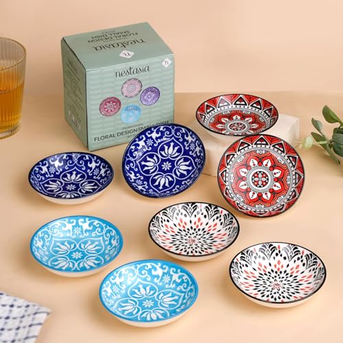 Image of Nestasia Set of 8 Small Ceramic Plates (70ml Each) | Floral Mandala Microwave & Dishwasher Safe Serving Dishes | Ideal for Appetizers, Dips, Prasad, Desserts, Sweets, Snacks and Gifting (Red & Blue)