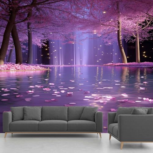 Papier Peint Forêt Enchantée, Papier Peint Panoramique Cascade Fleurs De Cerisier Violet Romantique, Papier Peint Autocollant Intissé Salon Chambre Bureau 400x255 cm Fresque Murale Adhésif