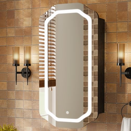 Armario de medicamentos LED con espejo para baño, montaje en pared o empotrado, con luces ajustables y espejo, estantes estables y extraíbles (2), regulables en 3 colores (Negro) miniatura 1