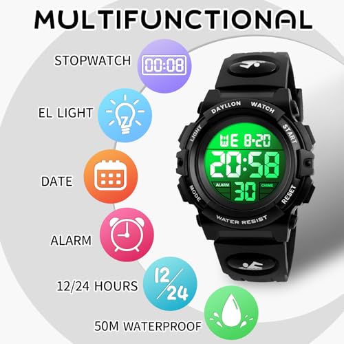 Image of Dayllon Kids Digital Watch Boys Outdoor Sports 50M Waterproof Girls Watches Alarm Clock 12 /24 H Stopwatch Calendar for Ages 3-15 Boy Girl Wristwatch Kids Gift