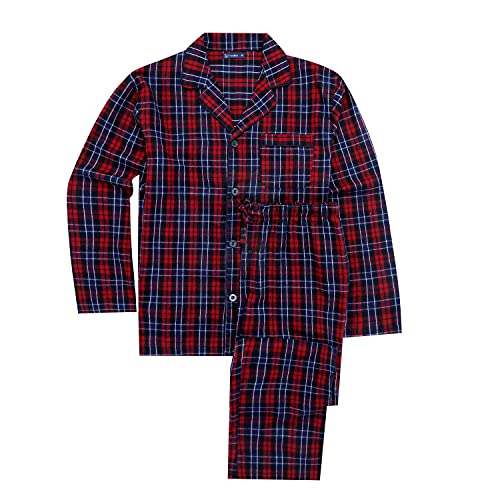 Noble Mount Mens Pajamas Set - 100% Cotton Flannel Pajamas for Men - Plaid Red Black White - Large