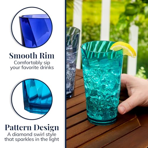 US Acrylic Optix Plastic Reusable Drinking Glasses (Set of 8) 20oz Water Cups in Coastal Colors | BPA-Free Tumblers, Made in USA | Top-Rack Dishwasher Safe