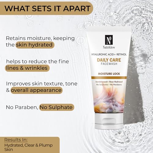 Image of NutriGlow Hyaluronic Acid & Retinol Daily Care Face Wash, Wrinkle Free Skin with Sandalwood, Sulfate Free, All Skin Types For Men And Women (100ml) Pack of 3
