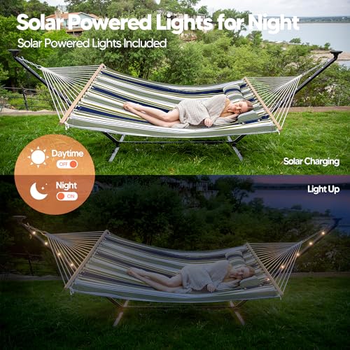 Image of SUNCREAT Double Hammock with 12 ft Stand, Solar Powered Lights, Outdoor Standing 2 Person Hammock, Dark Green