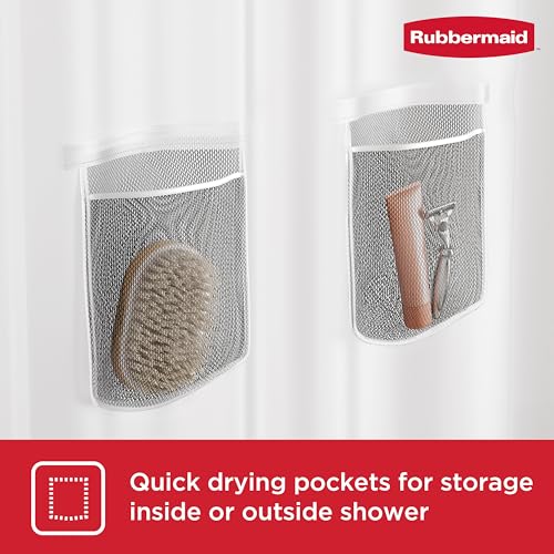 Image of Rubbermaid Frosty Waterproof Shower Curtain Liner with 5 Storage Pockets, Heavyweight 8g PEVA Shower Liner for Bathroom, with Black Rustproof Grommets and Pockets, 70x72, Standard Size, Frosty