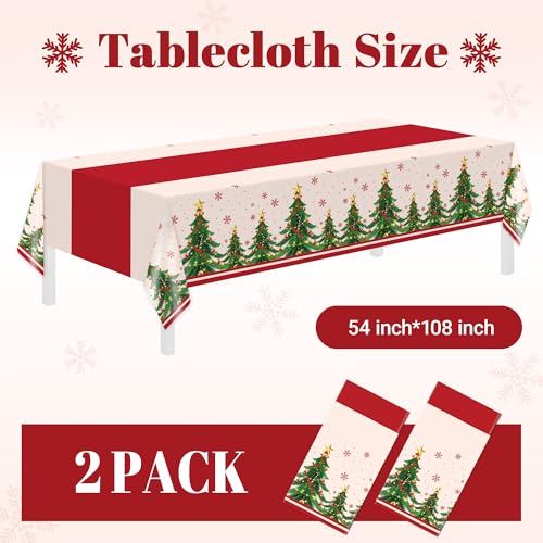 Image of Childom 2 Pack Christmas Tablecloths,Christmas Party Decoration,54 x 108 Inch,Disposable Plastic Table Cloths Rectangular for Party Supplies,Xmas Tree Table Cover for Home,Dinner,Indoor,Outdoor,Picnic
