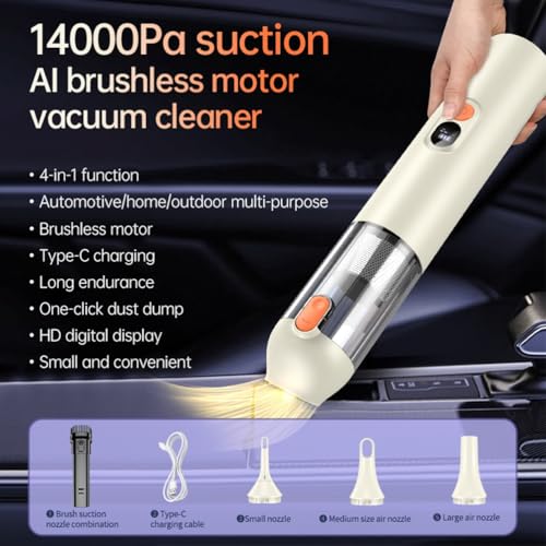 Image of 4 in 1 Car Handheld Vacuum 14000PA High Power, Portable Cordless Small Vacuum, Blow & Suction 2 in 1, Up to 30 Mins Runtime, Cleaner for Home, Car, Office (Beige)