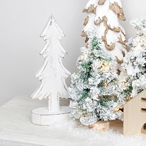 Auldhome design wooden christmas trees set of 2 distressed white tabletop handmade mango wood trees wrectangular base for holiday home decor  urban country home decor