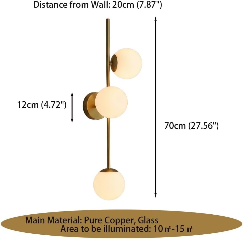 Vanity Wall Lamp, 3 Light Globe Glass Wall Sconce, Long Gold Linear Wall Light for Bathroom, Living Room, Hallway, Entryway, Corridor, Foyer, Mid Century Fixture, Loft, Vanity Parlor