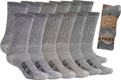FUN TOES Men's Hiking Crew Merino Wool Socks 6 Pairs Lightweight, Reinforced Size 8-12 (2 Black, 2 Blue, 2 Brown)