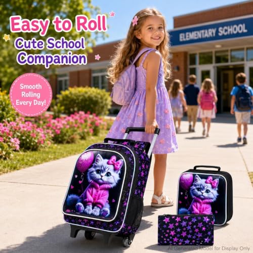 Image of CCJPX 3Pcs Cat Rolling Backpack for Girls, 18 inch Kids Wheeled Bookbag with Lunch Box, Lightweight Roller School Bag for Elementary Preschool (Black)