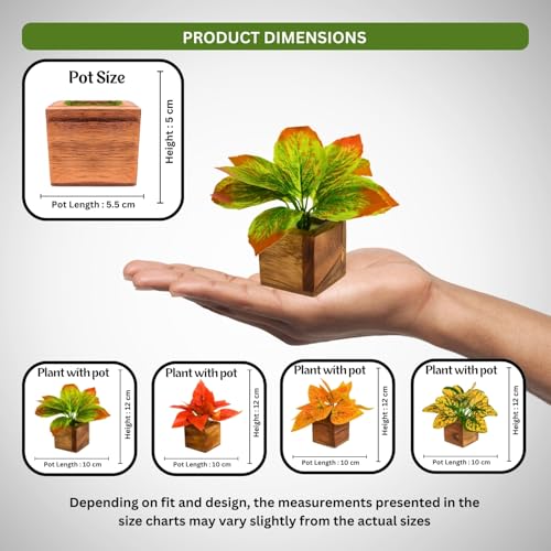 Image of DecoreBugs Artificial Leaves Potted Plants in Wooden Pot (4 Pack) Money Plant | Small Plants for Home Decor | Office Decor