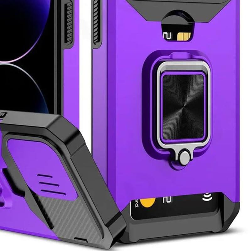 Image of LuxuryKase Shockproof Armor Case for iPhone 16 Plus | Slide Camera Cover | Hidden Card Slot | Rotating Ring Kickstand | Magnetic Car Mount Support | Military Grade Protection - Purple