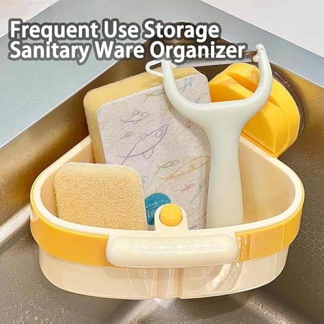 Cureaway Suction Cup Sink Corner Rack, Triangular Hanging Storage Rack with Drain Hole and fine mesh, Sink Trash Catcher and Sponge Holder for Kitchen, Bathroom, Laundry and Home Sinks (1 Pc A)