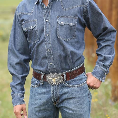 JASGOOD Men Leather Western Belt, Cowboy Cowgirl Country Belt with Longhorn Cow Vintage Engraved Buckle Belt for Jeans2