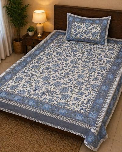 Image of Mafatlal 144 TC Heritage Single Size Flat Bedsheet for Twin Bed (90 x 60 Inches)| with Pillow Cover | Soft & Smooth Printed Bedsheet for Daily Use | Prime Blue