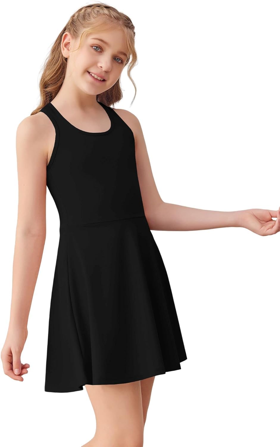 Haloumoning Vestido de tenis para niña, vestido de golf, sin mangas, espalda cruzada, ropa para niños, vestido deportivo con pantalones cortos y bolsillos