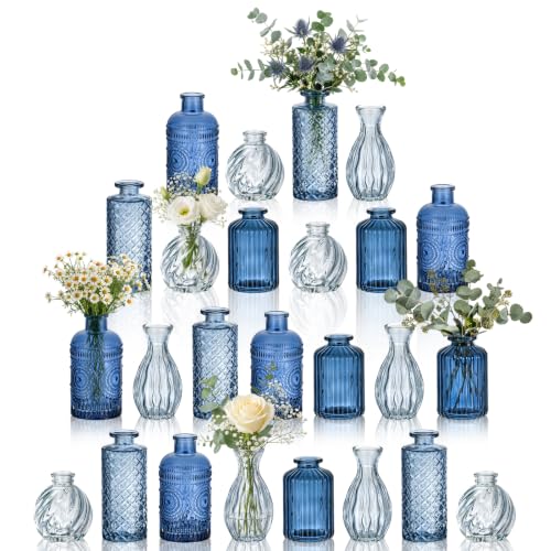 Hewory Small Bud Vases Bulk: 25Pcs Multi Blue Flower Vases for Centerpieces