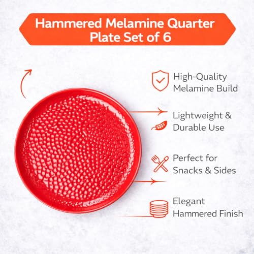 Image of MARKET 99 Melamine Small Plates Set of 6 Red Hammered Design | Round Quarter Plates for Kitchen Dining Tableware | Lightweight Durable Side Plates for Breakfast Lunch Dinner, Party, & Serving