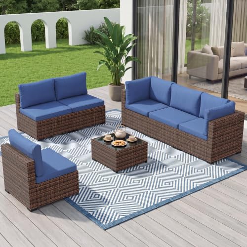 Image of LHBcraft 7 Pieces Outdoor Wicker Rattan Patio Furniture, Outdoor Sectional Set Patio Sofa with Coffee Table & Blue Cushions for Garden